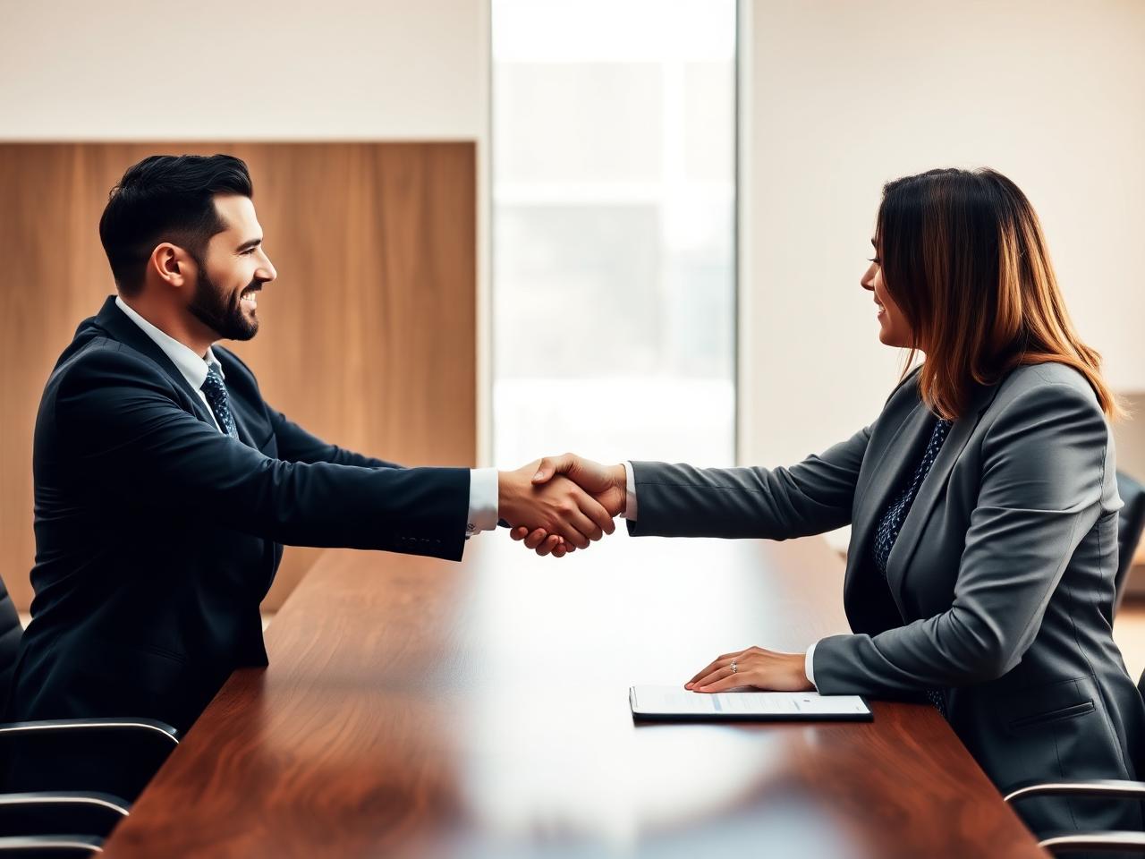 Two professionals shaking hands in a boardroom